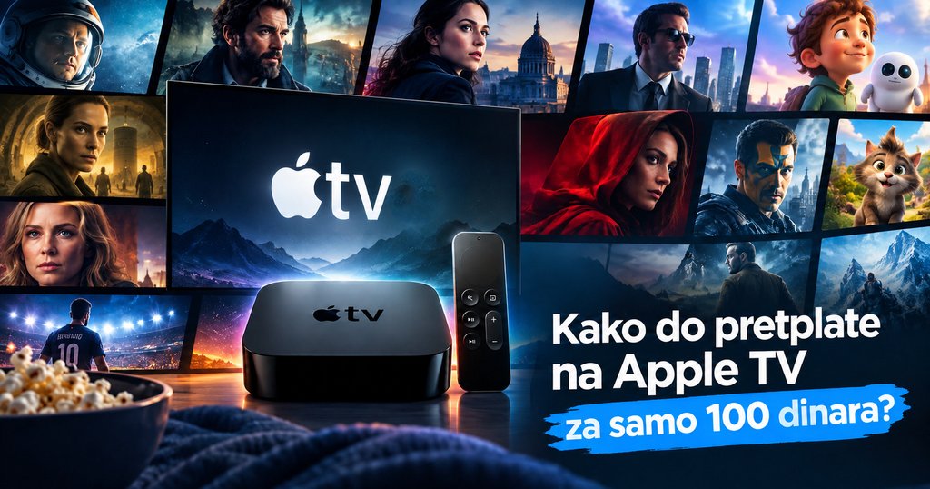 Kako do pretplate na Apple TV za samo 1 evro - Apple TV uređaj i daljinski ispred televizora, okruženi plakatima serija i filmova