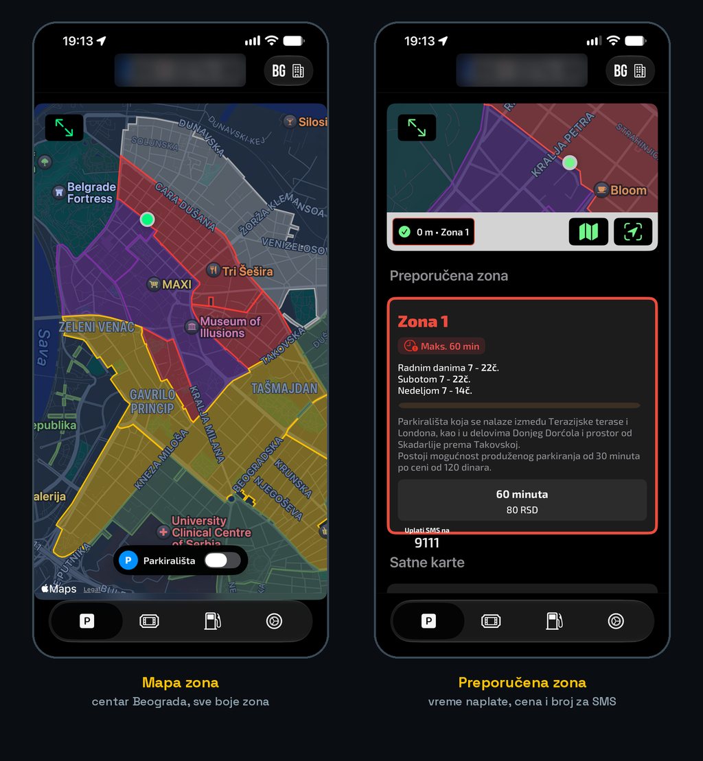 Parking Adria na iPhone-u: mapa parking zona u centru Beograda i ekran preporučene zone 1 sa vremenom naplate, cenom od 80 dinara za 60 minuta i brojem 9111 za SMS